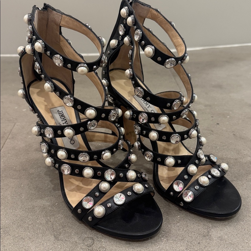 Jimmy Choo Black Strappy Heels with Pearls and Crystals